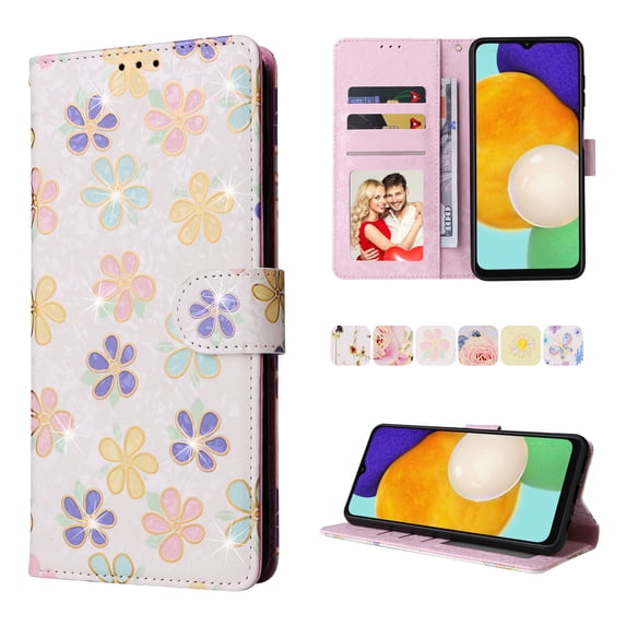 SaniMore for Samsung Galaxy A25 PU Leather Case with Luxury Flower for Girls Women Stand Feature Card/Cash Slots Detachable Wrist Strap Magnetic Clasp All-inclusive Cover, Small Flowers