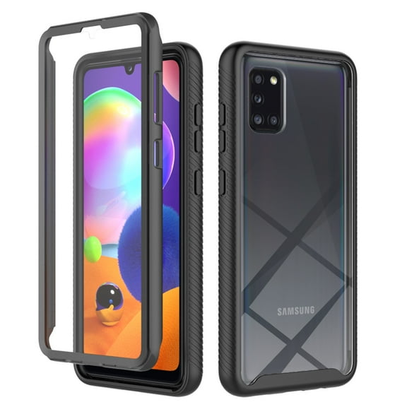 SaniMore for Samsung Galaxy A31 Case, Rugged PC Back & TPU Bumpers Two-Layer Structure Transparent Cover with PET Screen Protector Shockproof Protective Shell for Samsung A31, Black