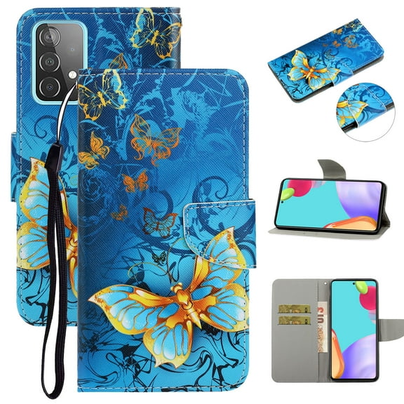SaniMore for Samsung Galaxy A33 5G 6.5" 2022 Wallet Case, Color Painting Pattern with Kickstand Card Slots Detachable Wrist Strap Grils Women PU Leather Case Magnetic Clasp, Gold Butterfly
