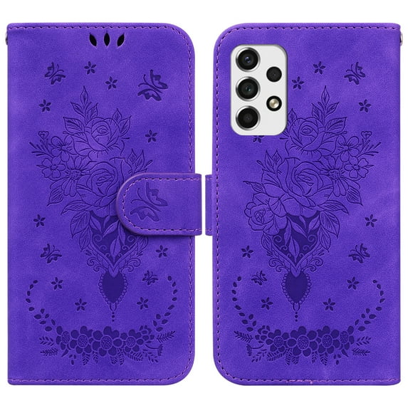 SaniMore for Samsung Galaxy A33 5G PU Leather Case, Magnetic Closure Flip Wallet Embossed Cover with Wrist Strap Card Slot & Multi-Angle Kickstand Shockproof Protective Shell, Purple
