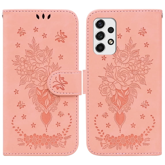 SaniMore for Samsung Galaxy A33 5G PU Leather Case, Magnetic Closure Flip Wallet Embossed Cover with Wrist Strap Card Slot & Multi-Angle Kickstand Shockproof Protective Shell, Pink