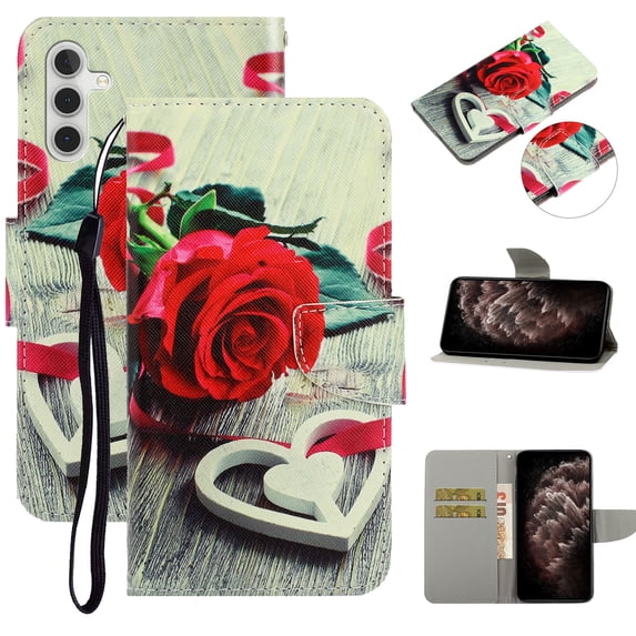 SaniMore for Samsung Galaxy A34 5G 2023 Wallet Case, Color Painting Pattern with Kickstand Card Slots Detachable Wrist Strap Girls Women PU Leather Case Magnetic Clasp For A34 5G, Rose