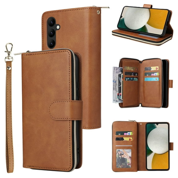 SaniMore for Samsung Galaxy A34 5G 3 in 1 Case, Zipper Purse Cover + Card Slots + Kickstand + Detachable Lanyard Comprehensive Protective Shockproof Anti-drop Shell For Samsung A34 5G, Brown