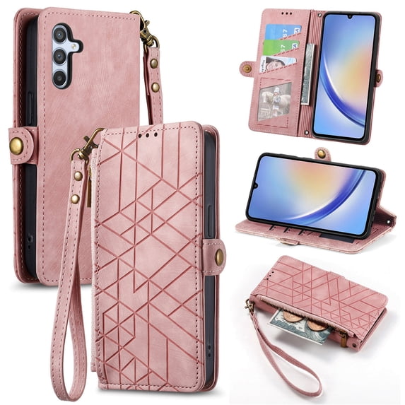 SaniMore for Samsung Galaxy A34 5G (6.6" 2023) Case, PU Leather Embossed Lines Wristlet Zipper Cash Pocket Card Slots Magnetic Flip Stand Full Protective TPU Shell Anti-drop Business Design, Purple
