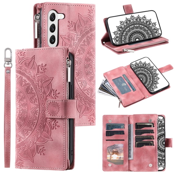 SaniMore for Samsung Galaxy A34 5G 6.6" Case, Luxury PU Leather Skin with Emboss Totem Detachable Crossbody Strap + Zipper Cash Pokcet Card Holder Flip Kickstand Wallet Cover, Pink