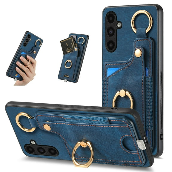 SaniMore for Samsung Galaxy A34 5G Case, Card Slots [Up to 2] Carabiner Finger Ring Stand Magnetic Car Mount PU Leather Skin Soft Shockproof TPU Anti-drop Anti-scratch Wallet Shell -Blue