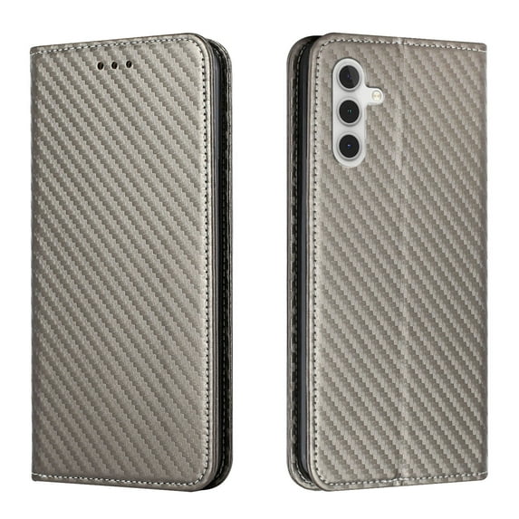 SaniMore for Samsung Galaxy A34 5G Wallet Case, Wrist Strap Magnetic Clasp, Card Slots Carbon Fibre Skin Shockproof TPU Anti-drop Anti-scractch Stand Business Full Body Protective Shell, Gray