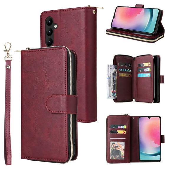 SaniMore for Samsung Galaxy A35 5G 3 in 1 Case, Zipper Purse Cover + Card Slots + Kickstand + Detachable Lanyard Comprehensive Protective Shockproof Anti-drop Shell For Samsung A35 5G, Winered