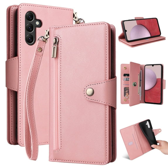 SaniMore for Samsung Galaxy A35 5G Case, PU Leather 2 in 1 Zipper Wallet Removeable Wrist Strap Card Slots Cash Pocket Kickstand Shockproof Anti-fall Full Protective Shell For Samsung A35 5G, Rosegold