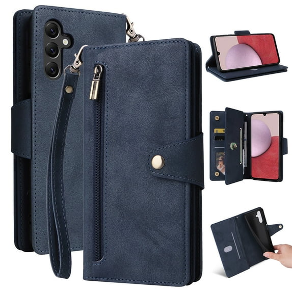 SaniMore for Samsung Galaxy A35 5G Case, PU Leather 2 in 1 Zipper Wallet Removeable Wrist Strap Card Slots Cash Pocket Kickstand Shockproof Anti-fall Full Protective Shell For Samsung A35 5G, Blue