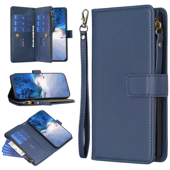 SaniMore for Samsung Galaxy A35 Business Case, Full Body Protective PU Leather with Zipper Purse + Card Holder Flip Kickstand Lanyard [Shockproof TPU Shell] Vintage for Men Women, Blue
