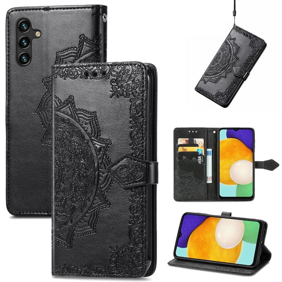 SaniMore for Samsung Galaxy A35 Wallet Case with Embossed Mandala PU Leather Flip Protection Wrist Strap Credit Card Holder Pocket Kickstand Shockproof Case for Galaxy A35, Black