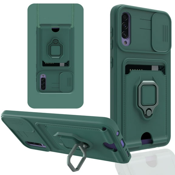SaniMore For Samsung Galaxy A50 & A50S Case with Crossbody Strap & Card Holder Ring Kickstand Liquid Silicone Shockproof Slide Lens Camera Magnetic Case for Galaxy A50 & A50S 6.4", Darkgreen