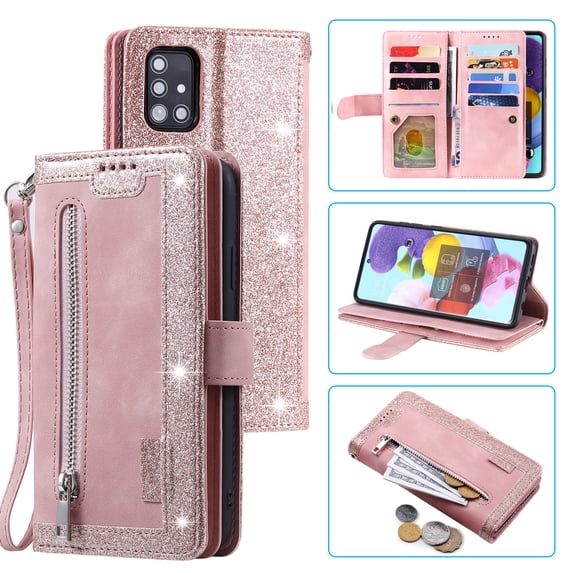 SaniMore for Samsung Galaxy A53 5G 6.5" 2022 Case, Prumium Leather Zipper Wallet Card Slots Cash Pocket Flip Kickstand Lanyard Anti-drop Shcokproof Full Body Wrap Business Case, Rosegold