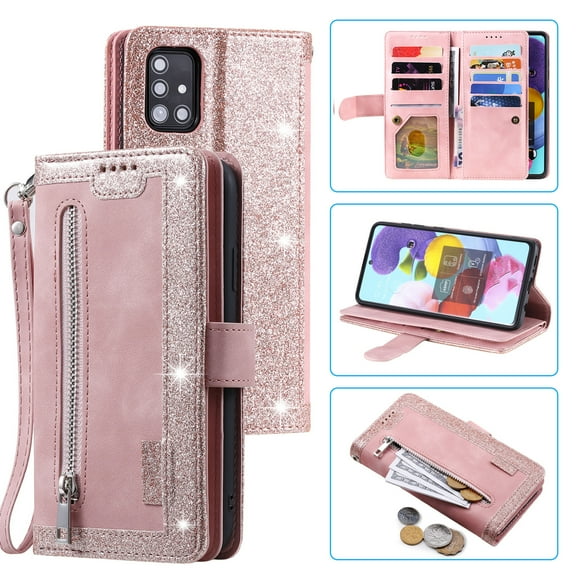 SaniMore for Samsung Galaxy A53 5G 6.5" 2022 Case, Prumium Leather Zipper Wallet Card Slots Cash Pocket Flip Kickstand Lanyard Anti-drop Shcokproof Full Body Wrap Business Case, Rosegold