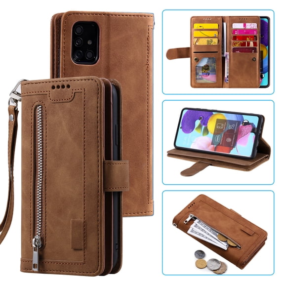 SaniMore for Samsung Galaxy A53 5G 6.5" 2022 Case, Prumium Leather Zipper Wallet Card Slots Cash Pocket Flip Kickstand Lanyard Anti-drop Shcokproof Full Body Wrap Business Case, Brown