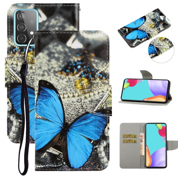 SaniMore for Samsung Galaxy A53 5G 6.5" 2022 Wallet Case, Color Painting Pattern with Kickstand Card Slots Detachable Wrist Strap Grils Women PU Leather Case Magnetic Clasp, Blue Butterfly