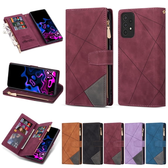SaniMore for Samsung Galaxy A53 5G Case with Card Slot, Line Stitching Metal Button Zipper Wallet PU Leather Cover with Folio Flip Kickstand + Hand Strap Shockproof Protective Shell, Winered
