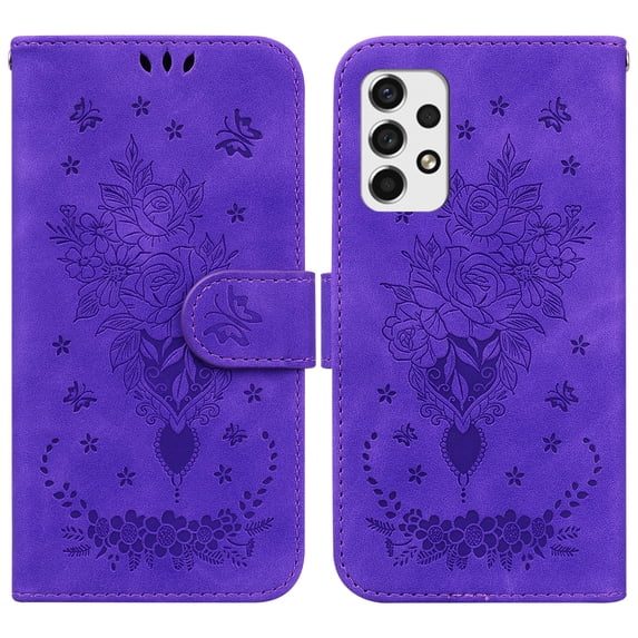 SaniMore for Samsung Galaxy A53 5G PU Leather Case, Magnetic Closure Flip Wallet Embossed Cover with Wrist Strap Card Slot & Multi-Angle Kickstand Shockproof Protective Shell, Purple