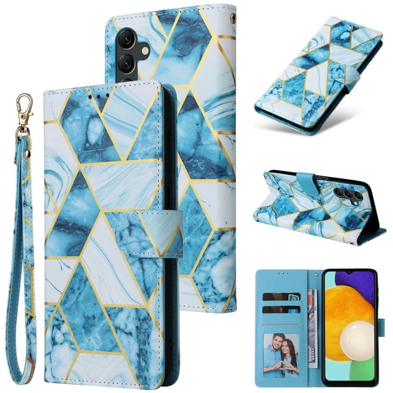 SaniMore for Samsung Galaxy A54 5G 2023 Case, PU Leather Luxury Marble Flip Cover with Detachable Wrist Strap Card Slot Kickstand Shockproof Magnetic Buckle Protective Shell, Blue