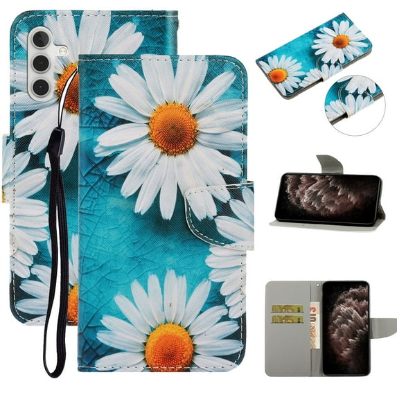 SaniMore for Samsung Galaxy A54 5G 2023 Wallet Case, Color Painting Pattern with Kickstand Card Slots Detachable Wrist Strap Girls Women PU Leather Case Magnetic Clasp For A54 5G, Daisy