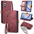 thumbnail image 1 of SaniMore for Samsung Galaxy A54 5G (6.4" 2023) Case, PU Leather Embossed Lines Wristlet Zipper Cash Pocket Card Slots Magnetic Flip Stand Full Protective TPU Shell Anti-drop Business Design, Red, 1 of 10