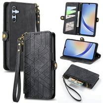 SaniMore for Samsung Galaxy A54 5G (6.4" 2023) Case, PU Leather Embossed Lines Wristlet Zipper Cash Pocket Card Slots Magnetic Flip Stand Full Protective TPU Shell Anti-drop Business Design, Black