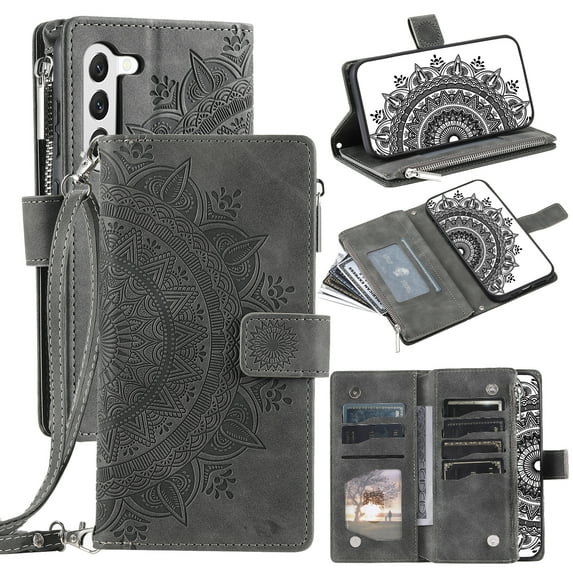 SaniMore for Samsung Galaxy A54 5G 6.4" Case, Luxury PU Leather Skin with Emboss Totem Detachable Crossbody Strap + Zipper Cash Pokcet Card Holder Flip Kickstand Wallet Cover, Gray