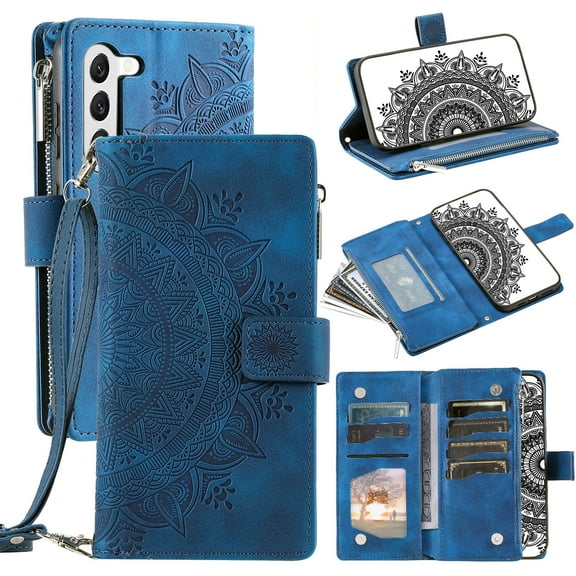 SaniMore for Samsung Galaxy A54 5G 6.4" Case, Luxury PU Leather Skin with Emboss Totem Detachable Crossbody Strap + Zipper Cash Pokcet Card Holder Flip Kickstand Wallet Cover, Blue