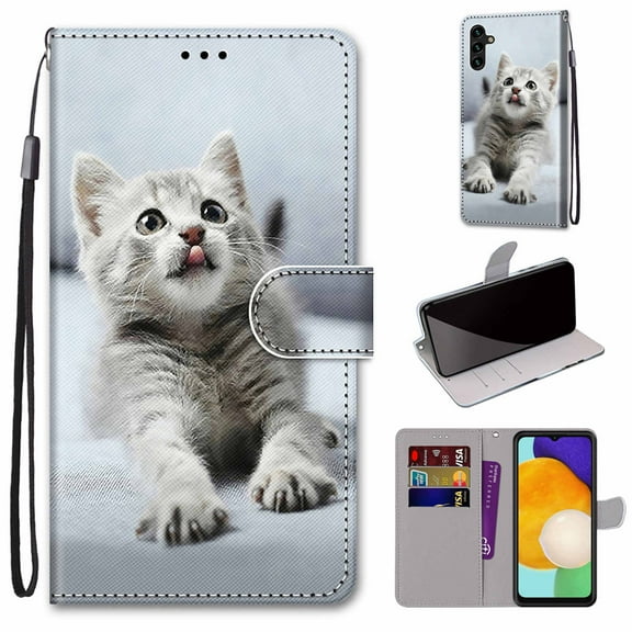 SaniMore for Samsung Galaxy A54 5G 6.6" 2023 PU Leather Case with Card Slots Detchable Lanyard Color Painting Luxury Pattern Flip Kickstand Shockproof Wallet Case For Galaxy A54 5G, Gray Cat