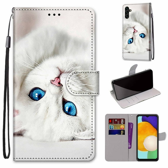 SaniMore for Samsung Galaxy A54 5G 6.6" 2023 PU Leather Case with Card Slots Detchable Lanyard Color Painting Luxury Pattern Flip Kickstand Shockproof Wallet Case For Galaxy A54 5G, White Cat