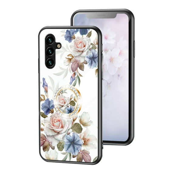 SaniMore for Samsung Galaxy A54 5G Case, 31 Diamonds Glass Vehicle Magnetic Support Flexible TPU Flower Pattern Cover with 360° Rotatable Ring Kickstand Shockproof Protective Shell, White Flower