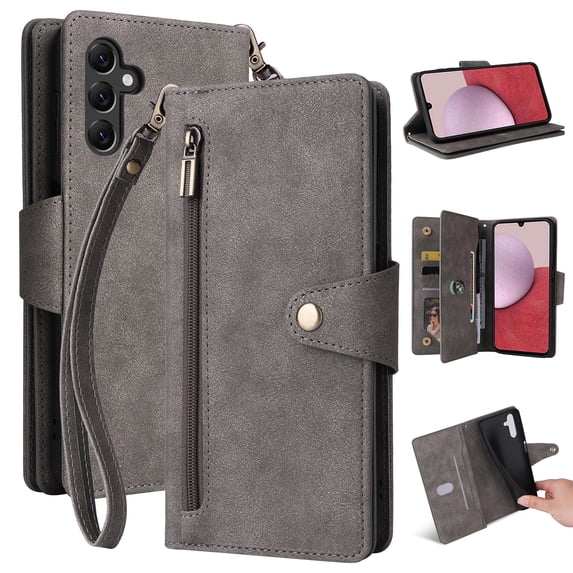 SaniMore for Samsung Galaxy A54 5G Case, PU Leather 2 in 1 Zipper Wallet Removeable Wrist Strap Card Slots Cash Pocket Kickstand Shockproof Anti-fall Full Protective Shell For Samsung A54 5G, Gray