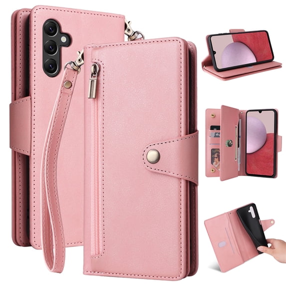 SaniMore for Samsung Galaxy A54 5G Case, PU Leather 2 in 1 Zipper Wallet Removeable Wrist Strap Card Slots Cash Pocket Kickstand Shockproof Anti-fall Full Protective Shell For Samsung A54 5G, Rosegold