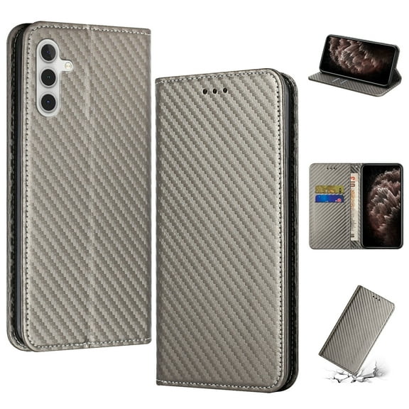 SaniMore for Samsung Galaxy A54 5G Wallet Case, Wrist Strap Magnetic Clasp, Card Slots Carbon Fibre Skin Shockproof TPU Anti-drop Anti-scractch Stand Business Full Body Protective Shell, Gray