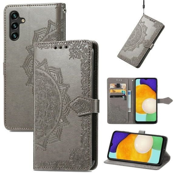 SaniMore for Samsung Galaxy A55 Wallet Case with Embossed Mandala PU Leather Flip Protection Wrist Strap Credit Card Holder Pocket Kickstand Shockproof Case for Galaxy A55, Gray