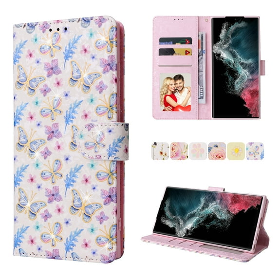 SaniMore for Samsung Galaxy Galaxy S23 Ultra PU Leather Case with Luxury Flower for Girls Women Stand Feature Card/Cash Slots Detachable Wrist Strap Magnetic Clasp All-inclusive Case, Buttercup