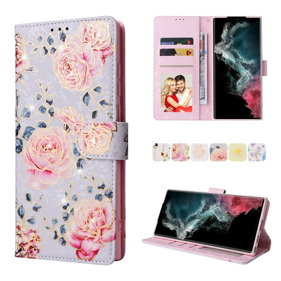 SaniMore for Samsung Galaxy Galaxy S23 Ultra PU Leather Case with Luxury Flower for Girls Women Stand Feature Card/Cash Slots Detachable Wrist Strap Magnetic Clasp All-inclusive Case, Rose