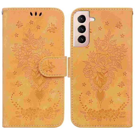 SaniMore for Samsung Galaxy S21 Case Flower Embossed Design, Card Wallet Cover for Women Girls with Card Holder Kickstand Wrist Strap PU Leather All-Round Shock Protection Shell, Yellow