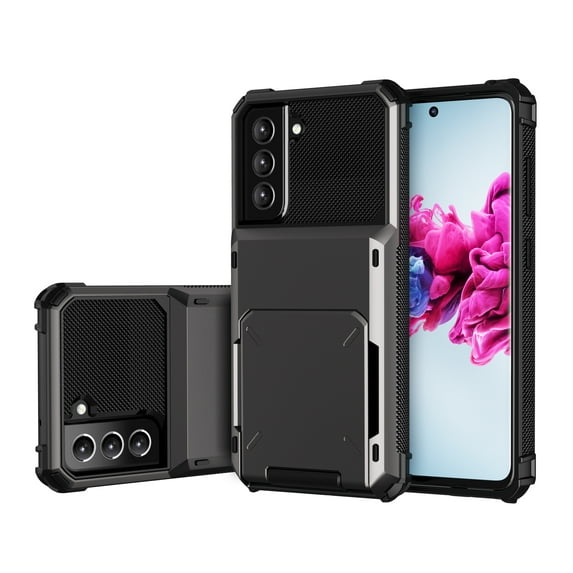 SaniMore for Samsung Galaxy S21 FE 6.4" 2022 Case, Shockproof Drop Resisatnt Flip Card Slots Wallet Bracket Rugged PC Back + Soft TPU Bumper Anti-scratch Heavy Duty Protective Slim Case, Gray