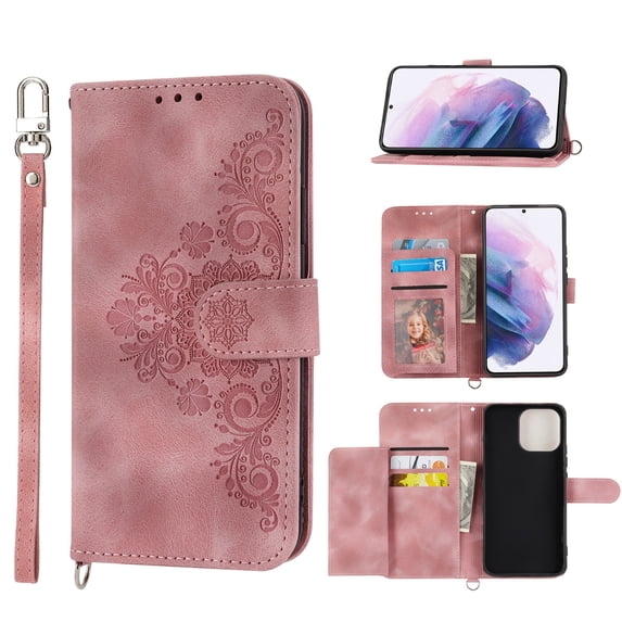 SaniMore for Samsung Galaxy S21 FE 6.4" Magnetic Flip Wallet Case with Cross Body Strap, PU Leather Case with Card Slot & Multi-Angle Kickstand Shockproof Protective Case for Girls Ladies, Pink