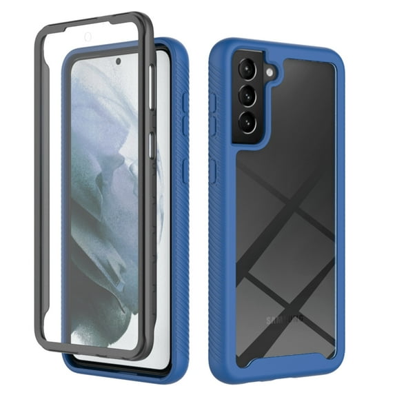 SaniMore for Samsung Galaxy S21 FE Case, Rugged PC Back & TPU Bumpers Two-Layer Structure Transparent Cover with PET Screen Protector Shockproof Protective Shell for Samsung S21 FE, Darkblue