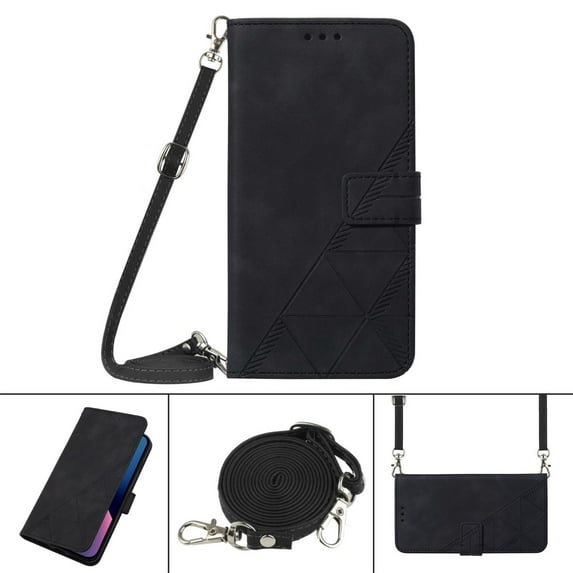 SaniMore for Samsung Galaxy S21 FE PU Leather Case, Magnetic Closure Flip Wallet Cover Built-in Card Slot & Multi-View Kickstand Detachable Shoulder Strap Full Body Protective Shell, Black