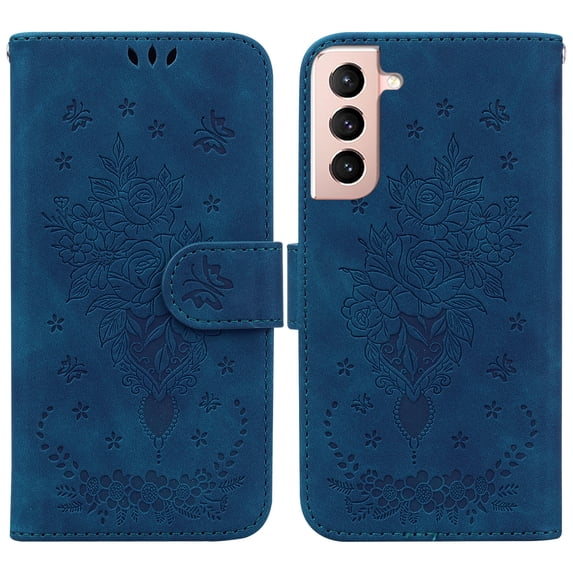 SaniMore for Samsung Galaxy S21 FE PU Leather Case, Magnetic Closure Flip Wallet Embossed Cover with Wrist Strap Card Slot & Multi-Angle Kickstand Shockproof Protective Shell, Blue