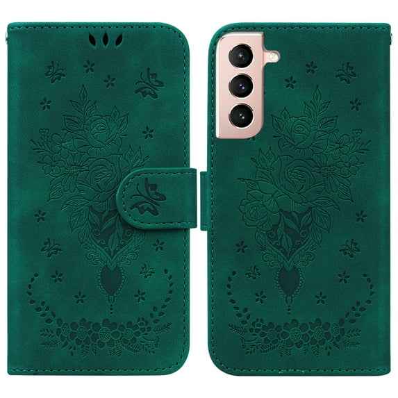 SaniMore for Samsung Galaxy S21 FE PU Leather Case, Magnetic Closure Flip Wallet Embossed Cover with Wrist Strap Card Slot & Multi-Angle Kickstand Shockproof Protective Shell, Green
