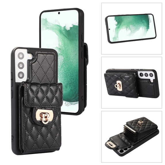 SaniMore for Samsung Galaxy S21 FE PU Leather Case, Multi-Functional Metal Snap Wallet Cover with Card Slot & Kickstand Shoulder Strap Full Body Protective Shell for Samsung S21 FE, Black