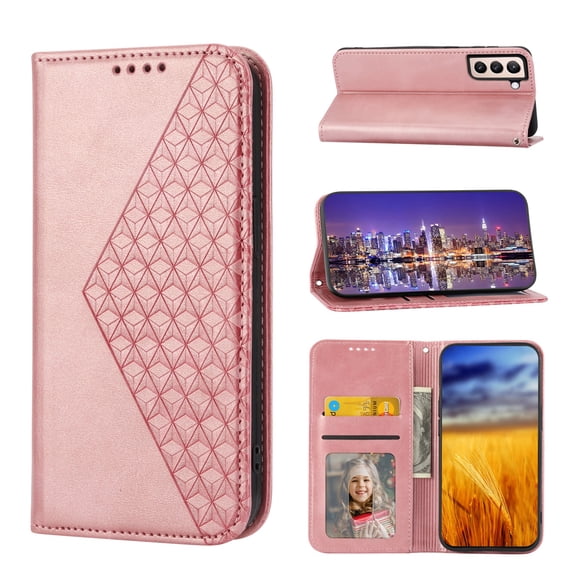 SaniMore for Samsung Galaxy S21 FE PU Leather Case RFID Blocking, Magnetic Closure Flip Wallet Cover with Wrist Strap Card Slot & Multi-Angle Kickstand All-Inclusive Protective Shell, Rosegold