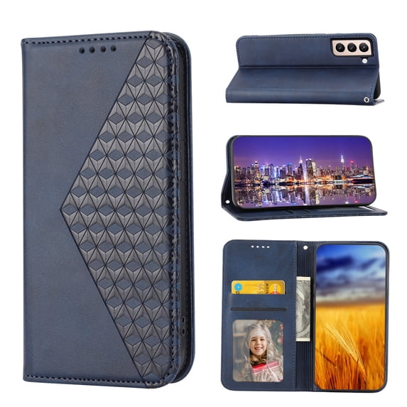 SaniMore for Samsung Galaxy S21 FE PU Leather Case RFID Blocking, Magnetic Closure Flip Wallet Cover with Wrist Strap Card Slot & Multi-Angle Kickstand All-Inclusive Protective Shell, Blue