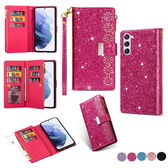 SaniMore for Samsung Galaxy S21 FE Star Laser Engraving Case, Magnetic Flip Zipper Wallet Cover Support Wrist Strap Card Slot & Kickstand Shockproof Protective Shell for Girls Ladies, Rose