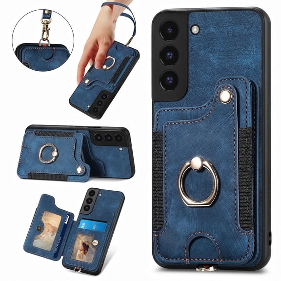 SaniMore for Samsung Galaxy S21 FE Wallet Case, [RFID Blocking] Elastic Card Slot Vehicle Magnetic PU Leather Ring Holder & Lanyard Stand Money Pocket Cover for Samsung S21 FE 5G, Blue